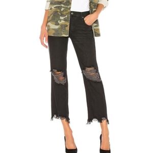 New Free People Maggie Straight Leg Jean Distressed Washed Black